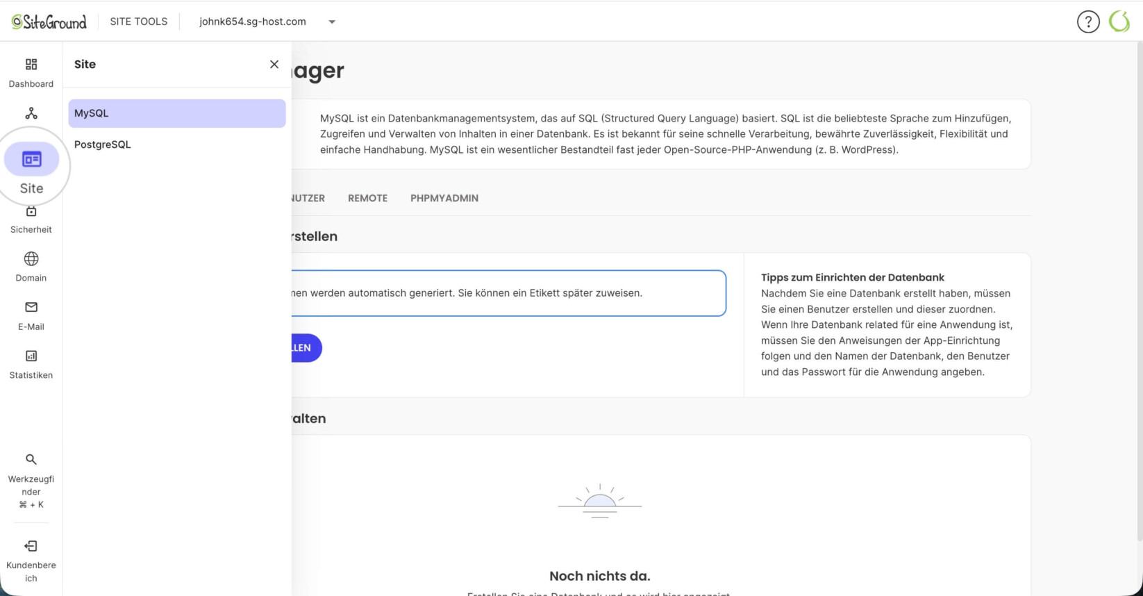 Abschnitt „Website“ in den Site Tools eines Node.js-Projekts, in dem Sie Datenbanken verwalten können