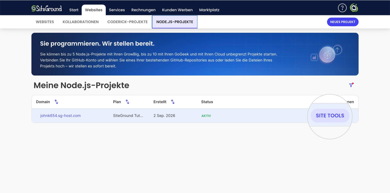 Abschnitt Node.js-Projekte im SiteGround-Kundenbereich mit hervorgehobener Site Tools-Schaltfläche für ein Projekt