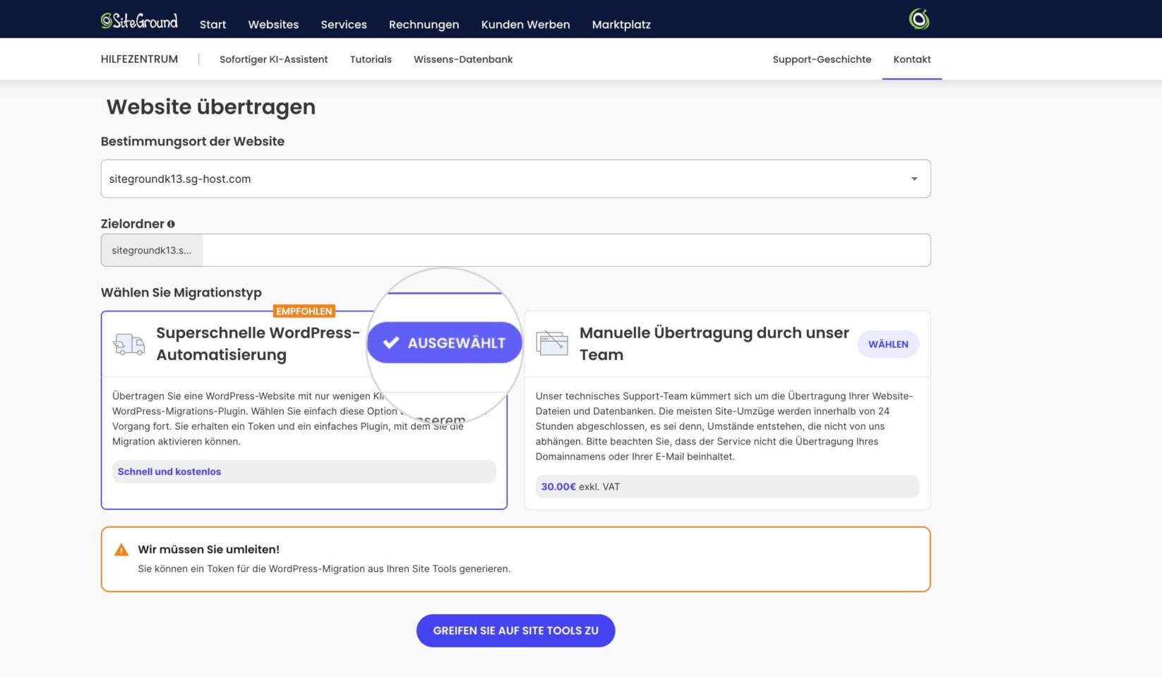 Einrichtungsassistent für die Website mit Optionen für die Übertragung einer bestehenden Website, wobei der WordPress Migrator ausgewählt ist