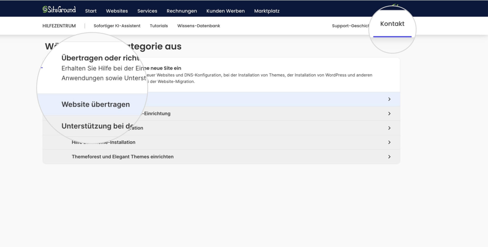Helpdesk-Menü im SiteGround-Kundenbereich mit Optionen für die Übertragung einer Website