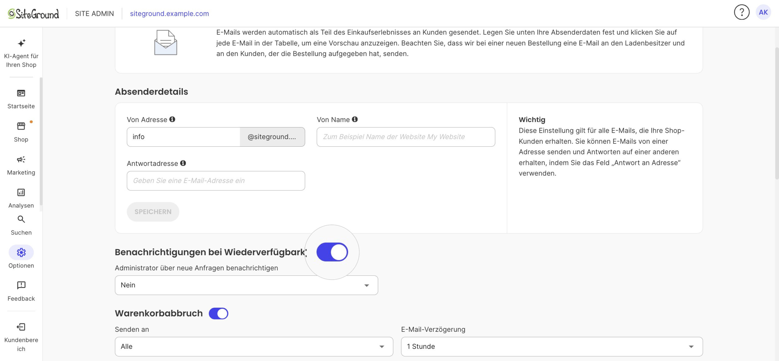 System-E-Mails mit aktiviertem, vergrößertem Schalter „Benachrichtigungen bei Wiederverfügbarkeit“; Auswahl: Nein