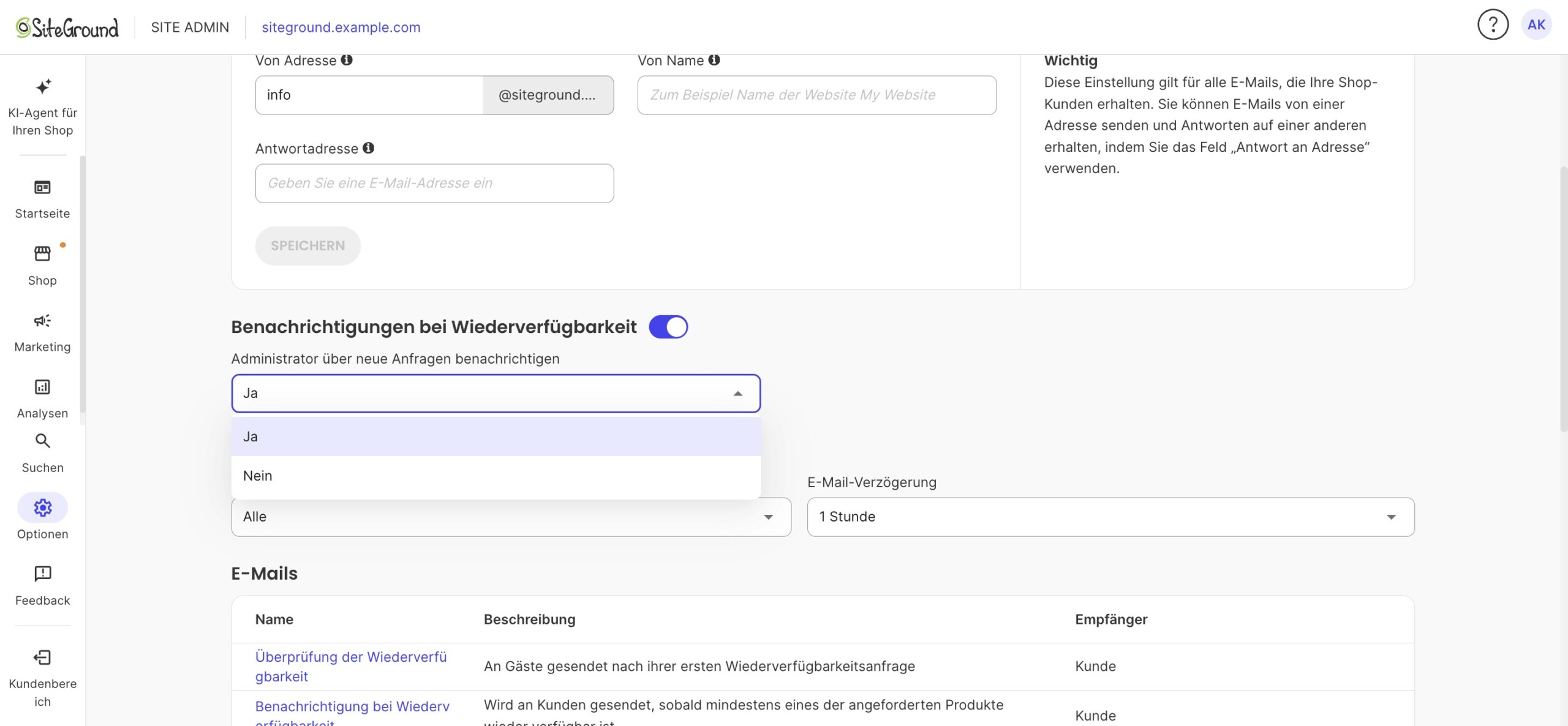 Geöffnetes Menü „Administrator über neue Anfragen benachrichtigen“ mit Ja und Nein; Ja ist ausgewählt
