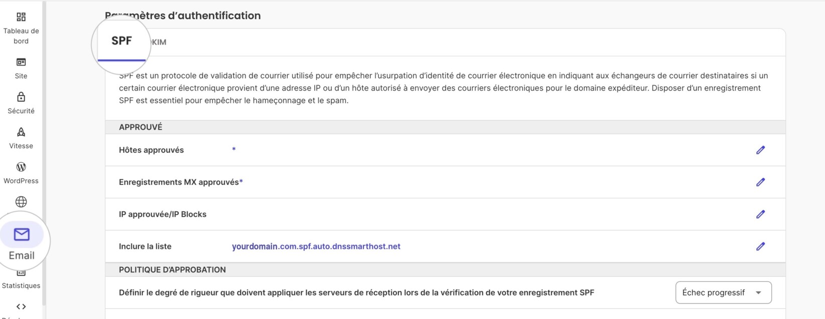 Onglet SPF des Site Tools de SiteGround affichant les hôtes approuvés, les enregistrements MX approuvés et l'inclusion yourdomain.com.spf.auto.dnssmarthost.net, avec la politique d'approbation réglée sur Échec progressif.