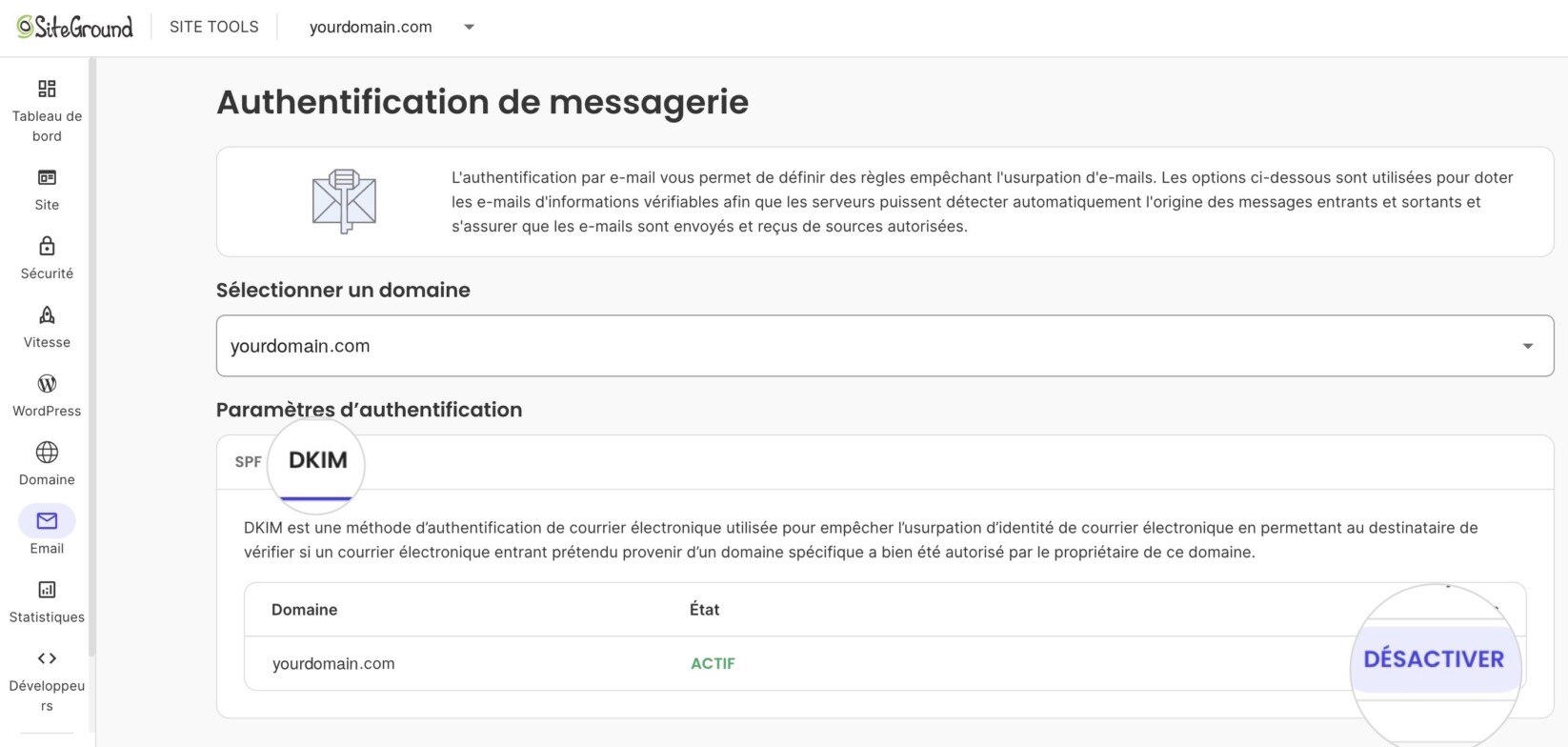 Page Authentification de messagerie avec le domaine yourdomain.com sélectionné et l'onglet DKIM ouvert, indiquant que DKIM est actif avec un bouton Désactiver.