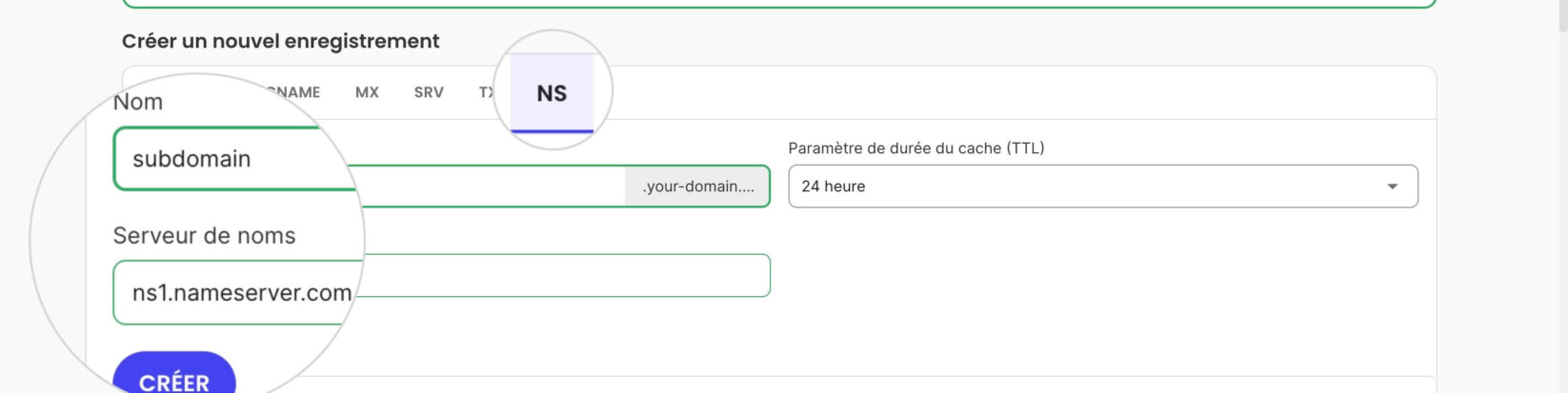 Paramètres de l'enregistrement NS dans l'éditeur de zone DNS de l'Espace Client SiteGround