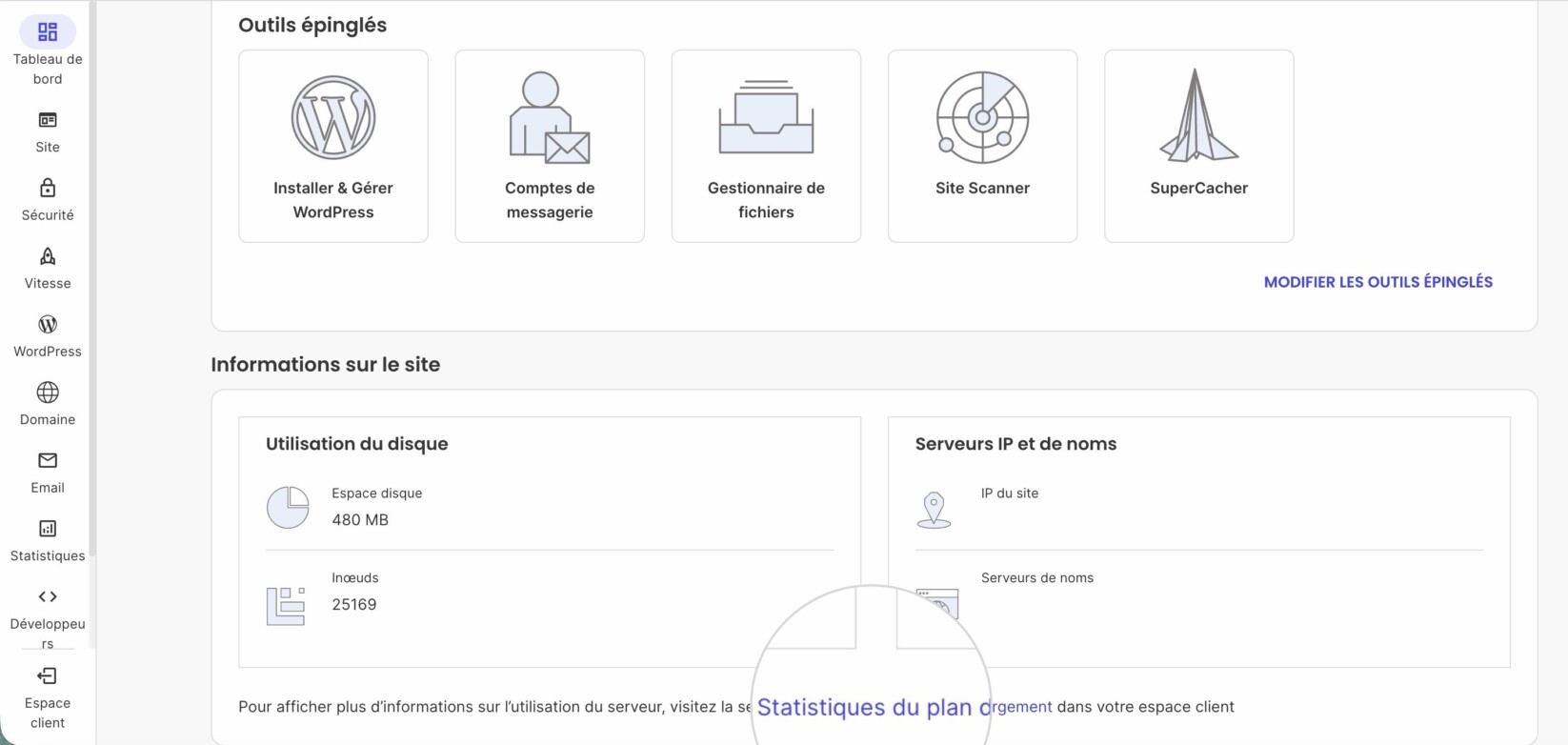 Statistiques du plan SiteGround