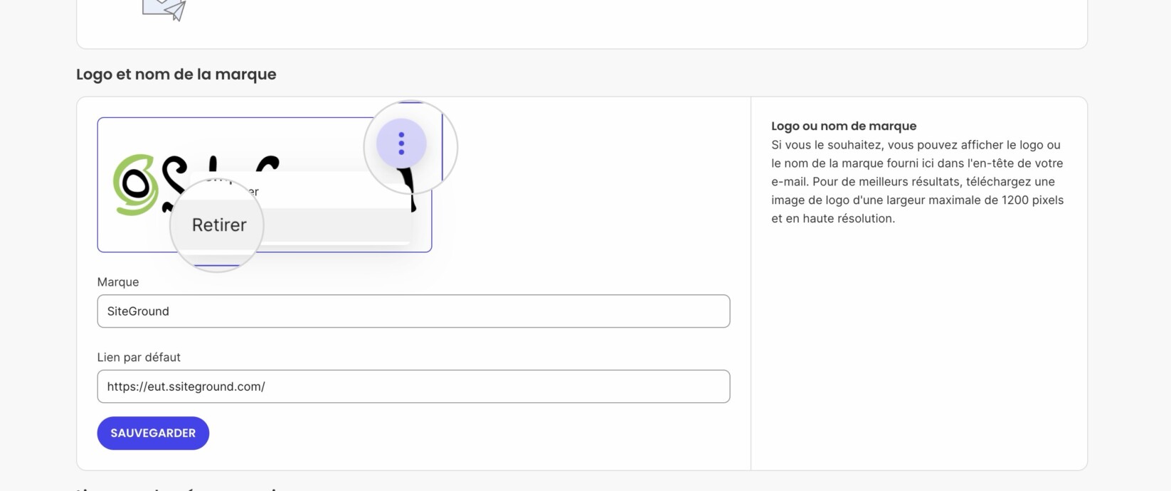 Capture d'écran de la section Détails de l'expéditeur Nom de votre marque et logo