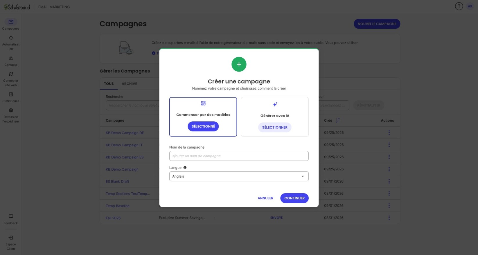 Capture d'écran de Comment choisir un nom pour une nouvelle campagne dans Email Marketing