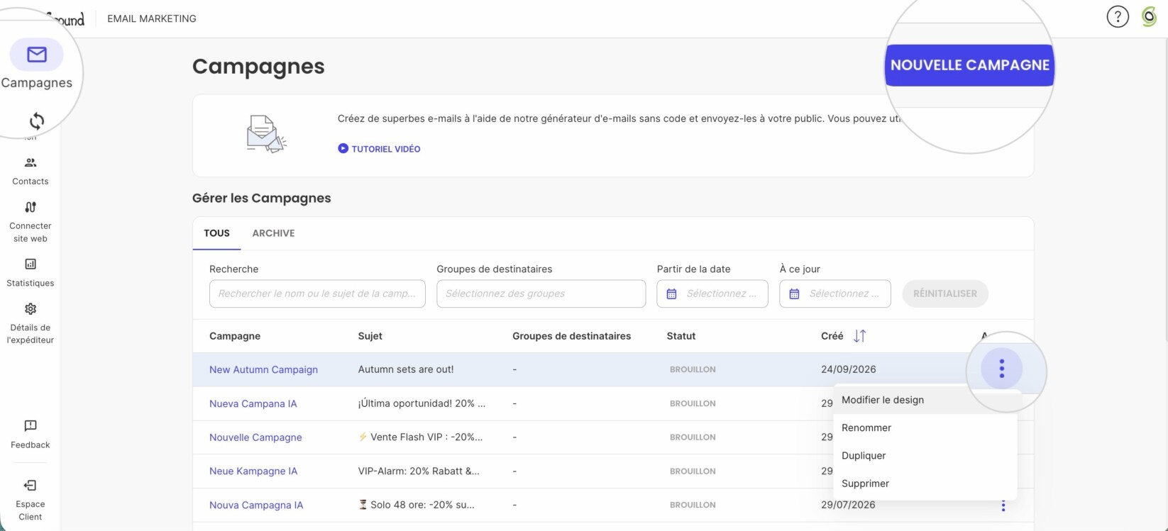 Capture d’écran du bouton Créer une nouvelle campagne pour accéder au générateur d’e-mails de SiteGround Email Marketing