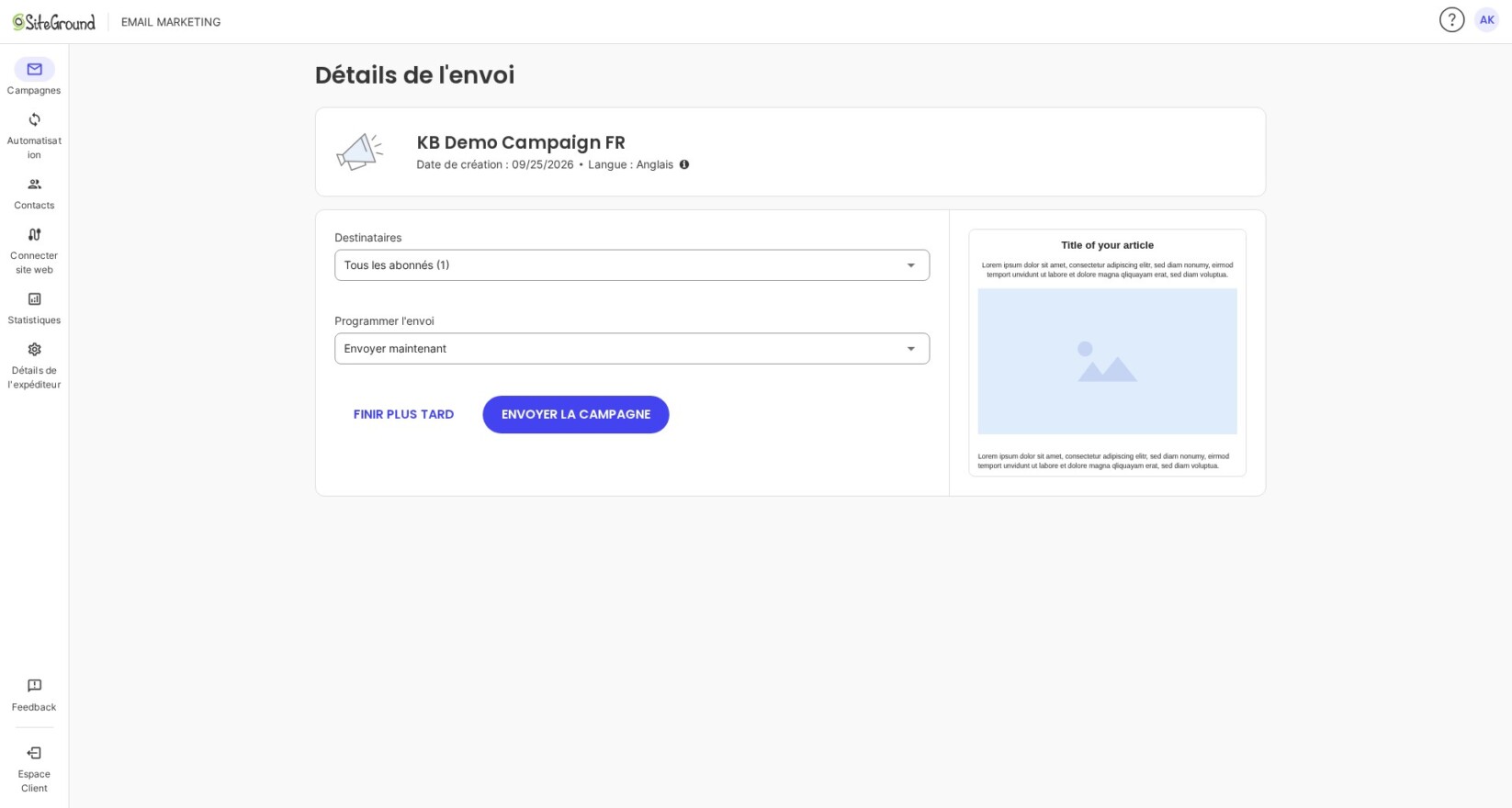 Destinataires et la Programmation de l’envoi.