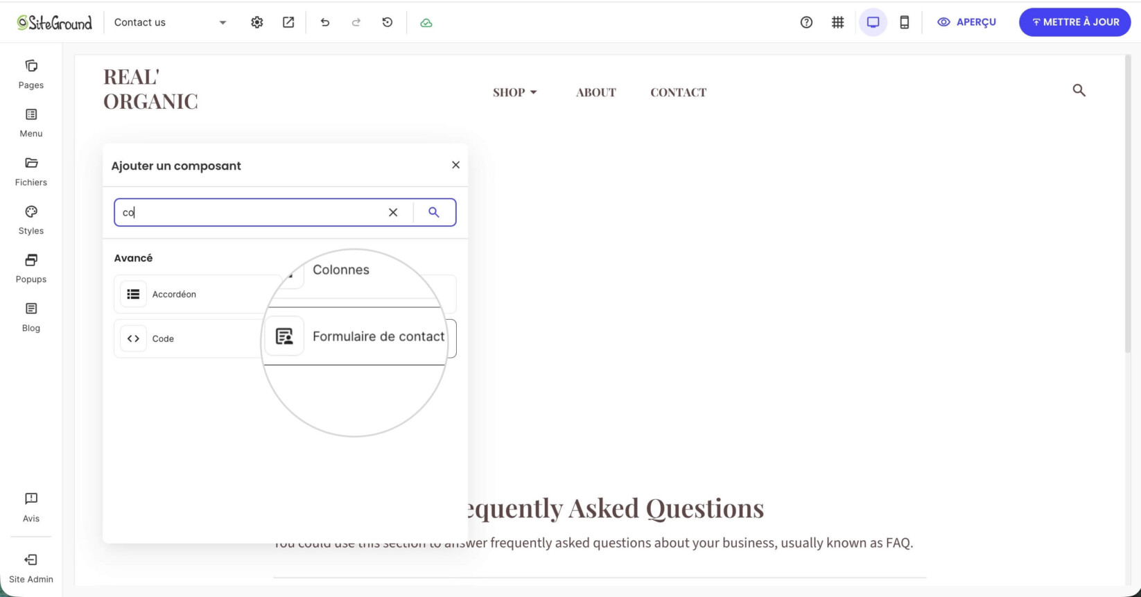 Fenêtre Ajouter un composant où un composant Formulaire de contact est sélectionné
