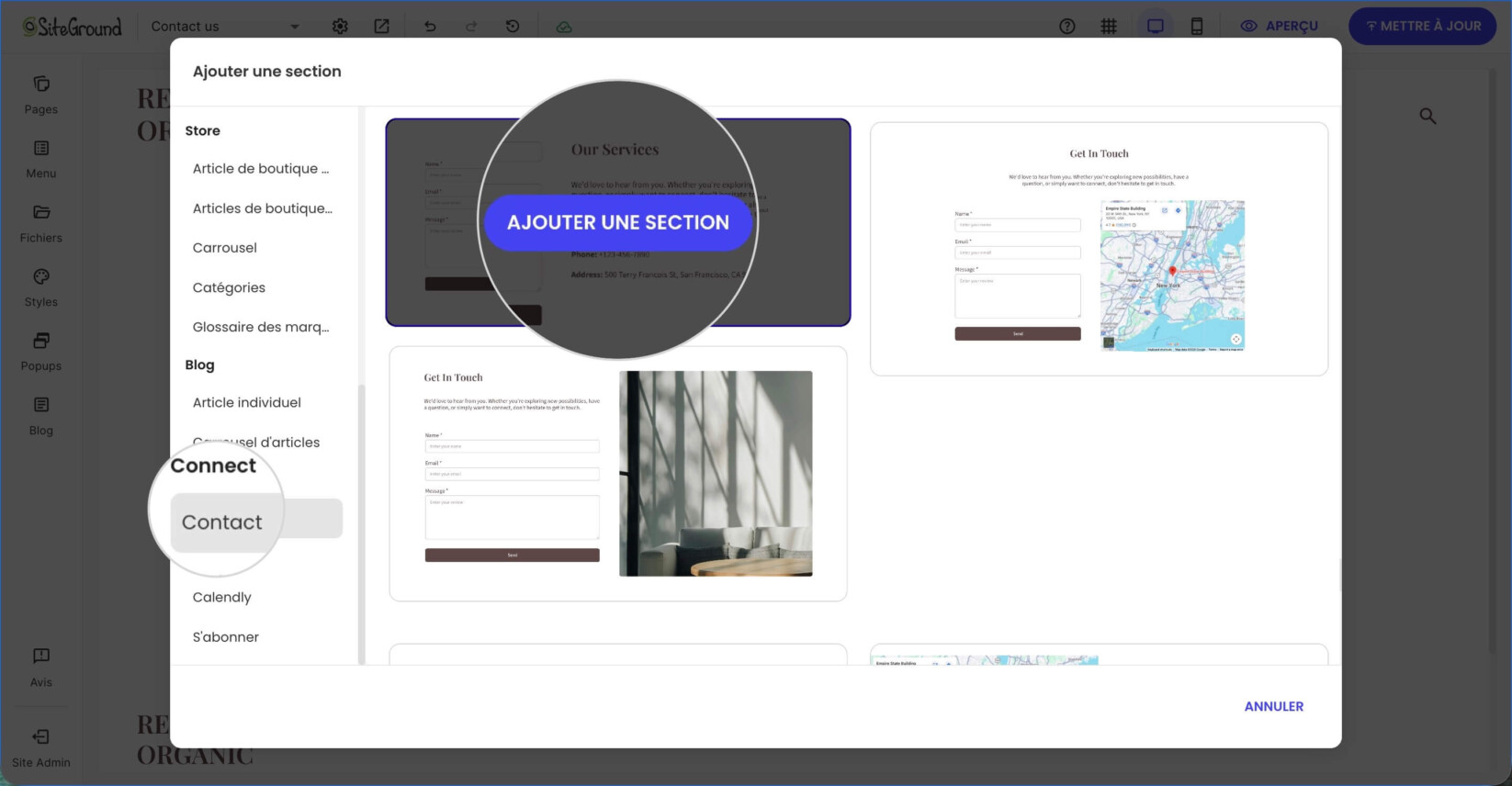 Une fenêtre contextuelle dans laquelle vous pouvez choisir une mise en page de section avec une mise en page de formulaire de contact sélectionnée