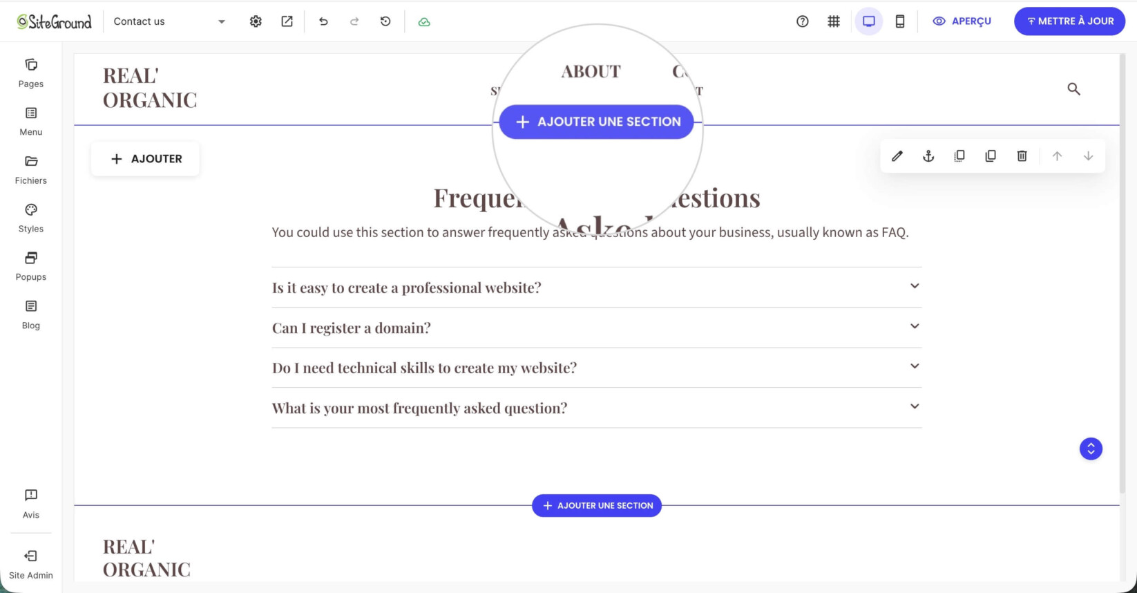 Section sélectionnée sur une page dans Website Builder avec un bouton Ajouter une section mis en évidence