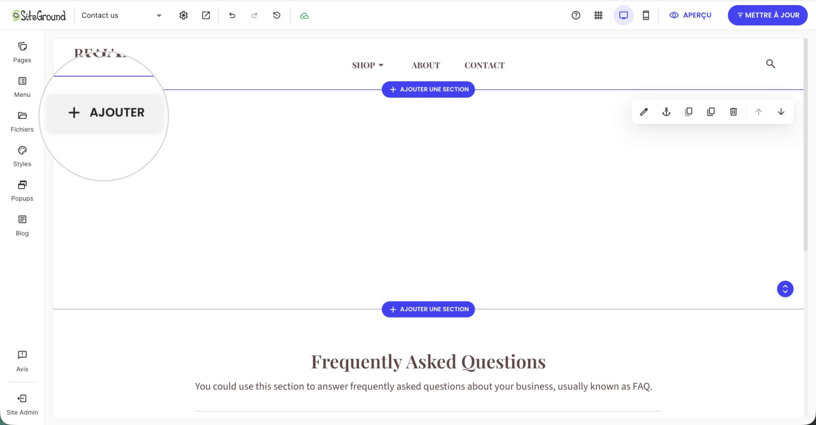 Une section sélectionnée dans Website Builder avec un bouton Ajouter mis en évidence dans le coin supérieur gauche pour ajouter un composant