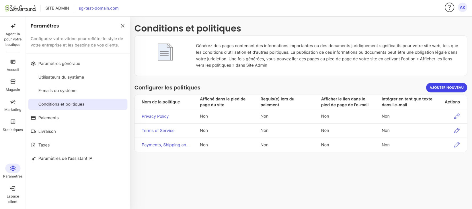Page « Conditions et politiques » dans le Site Admin SiteGround avec le tableau des politiques configurées et le bouton « Ajouter nouveau »
