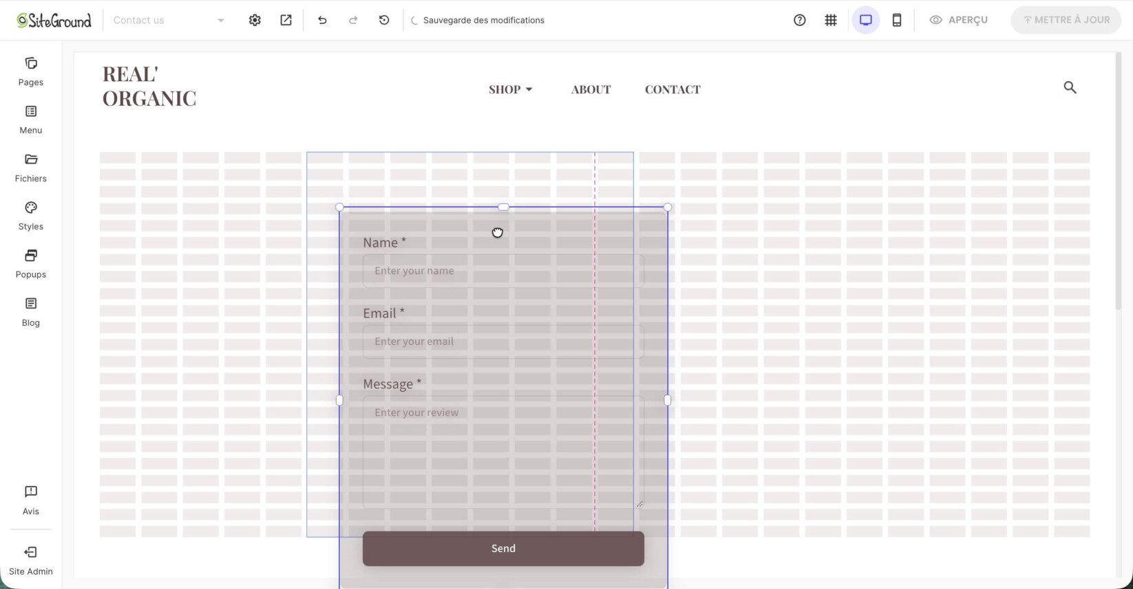 La zone de grille d'une section où vous pouvez glisser-déposer un composant de formulaire de contact
