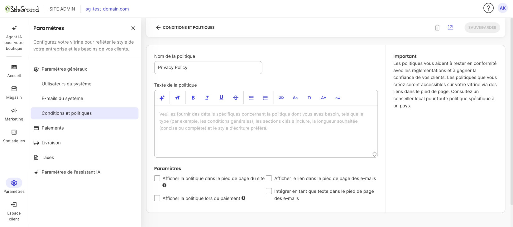 Écran de modification d'une politique : champ du nom, éditeur de texte et options d'affichage dans le pied de page, lors du paiement et dans les e-mails