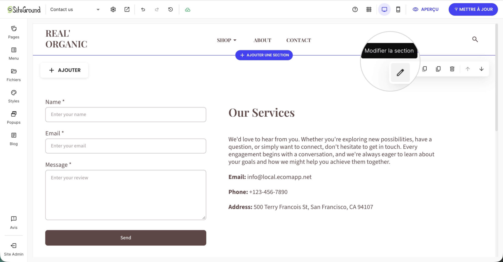 Bouton Modifier la section mis en évidence dans la barre d'outils dans le coin supérieur droit d'une section dans Website Builder