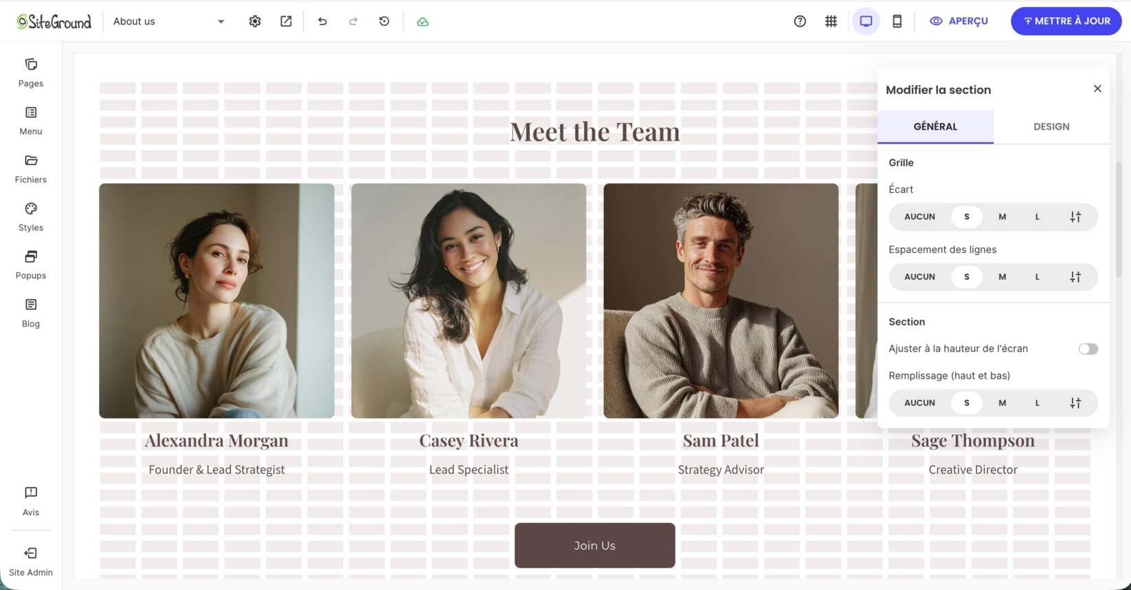 Une page dans Website Builder montrant une section de modèle de la catégorie Équipe