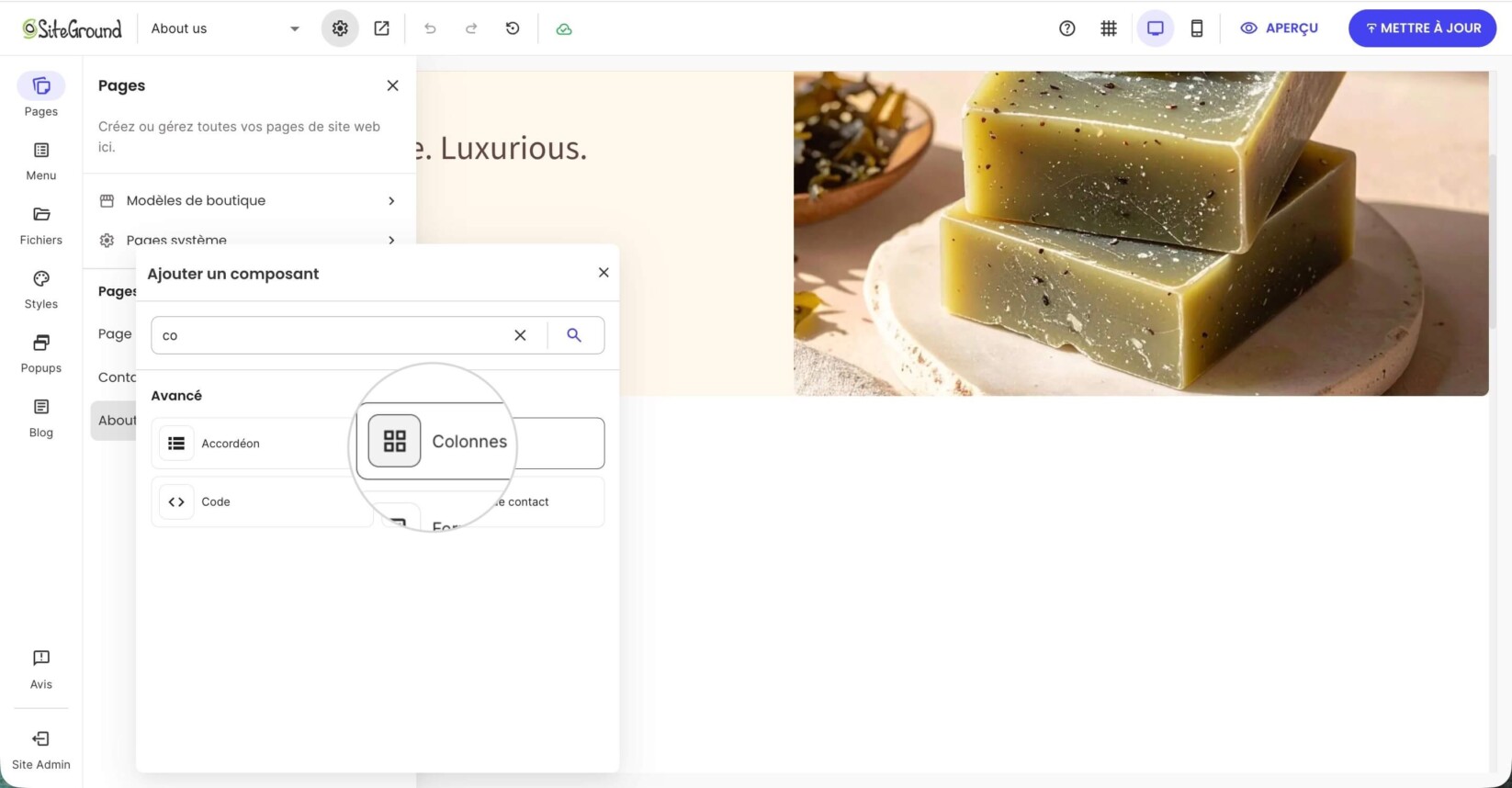 Fenêtre Ajouter un composant avec un composant Colonnes sélectionné