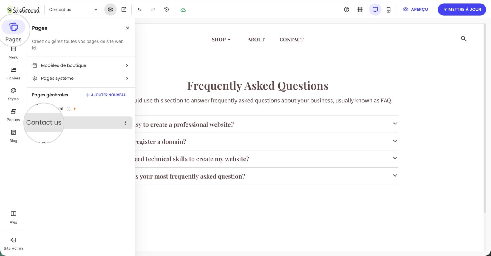 Section Pages dans l'éditeur visuel de Website Builder où la page Contactez-nous est sélectionnée