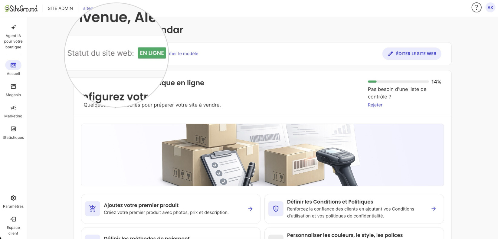 Page d'accueil du Site Admin de SiteGround (« Bienvenue, Aleksandar »), avec un projecteur agrandi sur l'indicateur « Statut du site web : EN LIGNE ». La page affiche la liste « Configurez votre boutique en ligne » à 14 % et un bouton Éditer le site web.