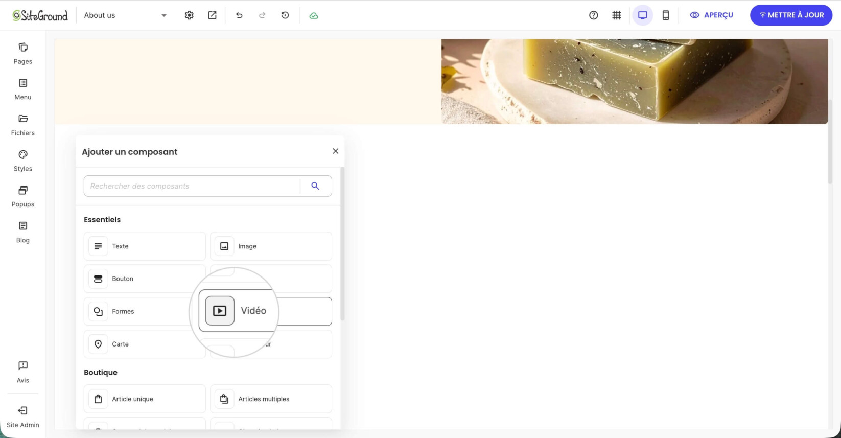 Panneau Ajouter un composant dans Website Builder avec l'option de composant Vidéo mise en évidence pour intégrer du contenu vidéo