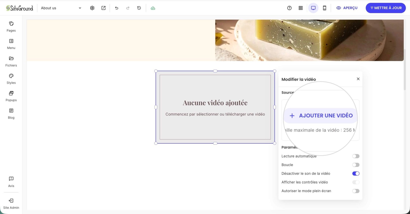 Panneau des paramètres du composant vidéo affichant le bouton Ajouter une vidéo et la limite de téléchargement, utilisé pour sélectionner ou télécharger une source vidéo