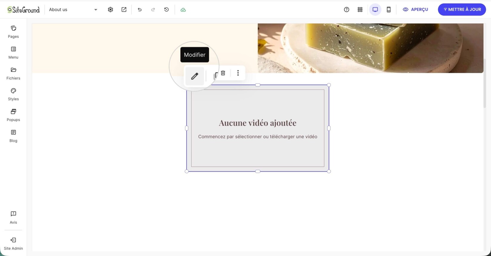 Panneau des paramètres du composant vidéo avec des commandes pour la lecture automatique, la boucle, le mode muet, les commandes vidéo et les options plein écran
