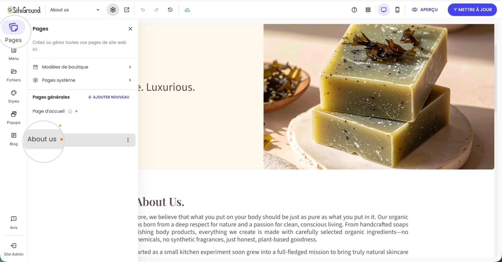 Panneau Pages dans Website Builder affichant la page À propos de nous sélectionnée dans la liste des pages du site disponibles