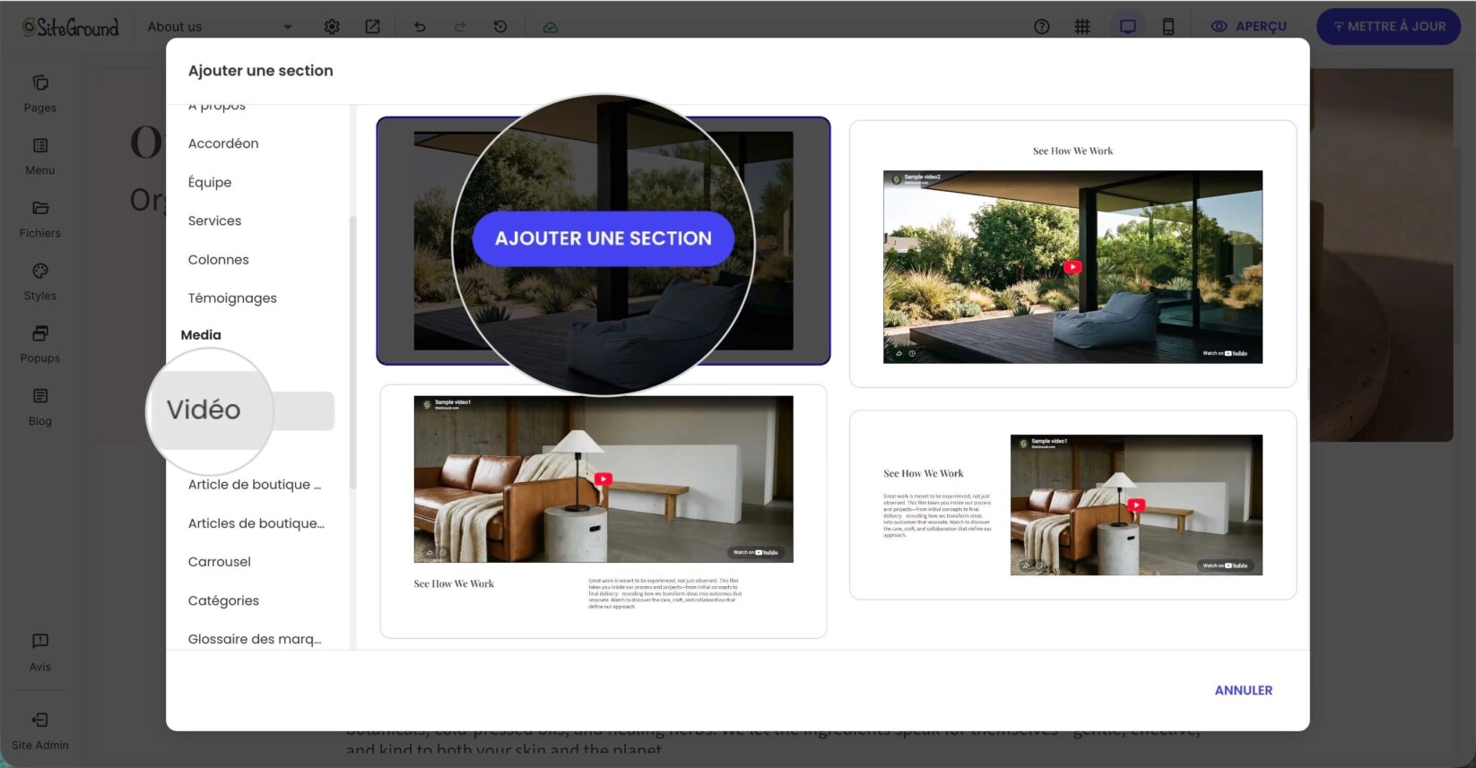 Fenêtre contextuelle Ajouter une section dans Website Builder affichant les mises en page de section Vidéo disponibles pour intégrer des vidéos dans une page