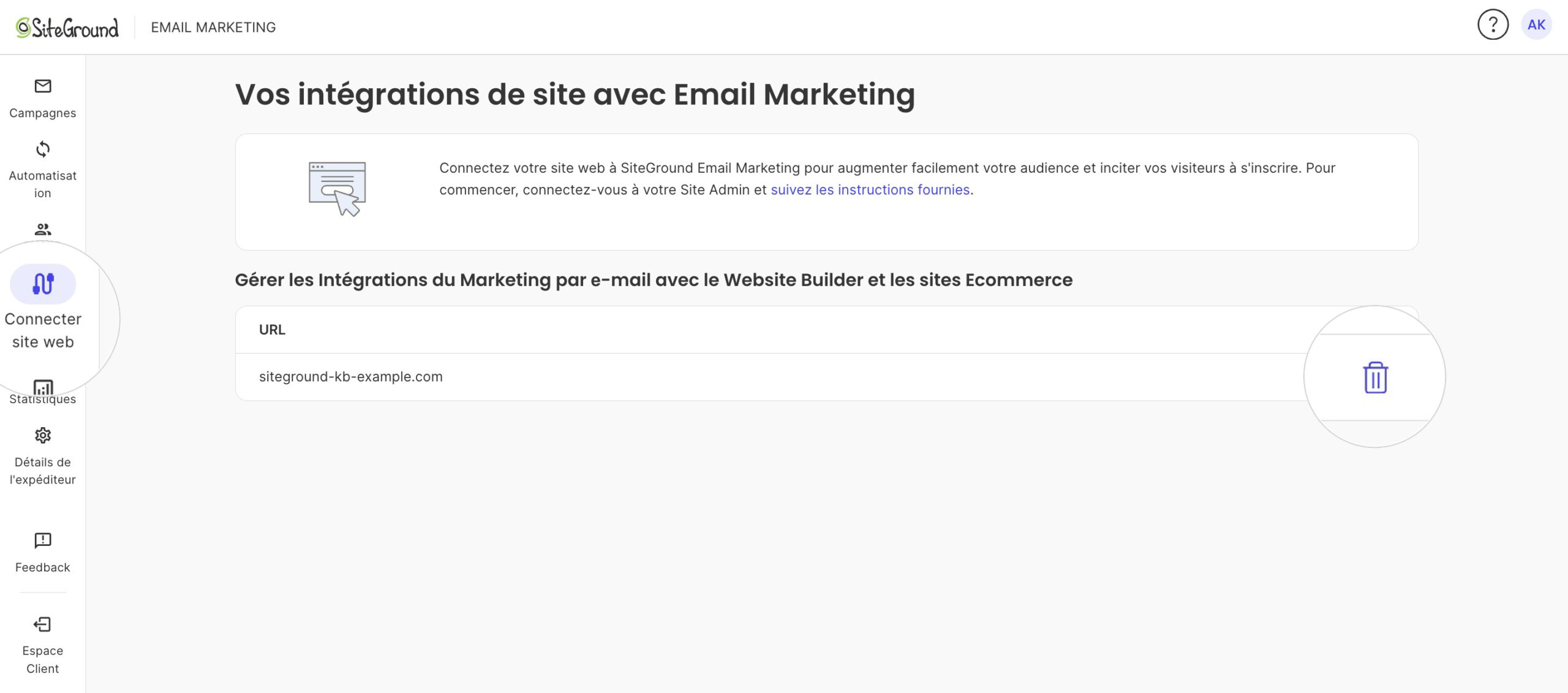 Le panneau Email Marketing avec le site connecté et l'icône corbeille pour retirer l'intégration.