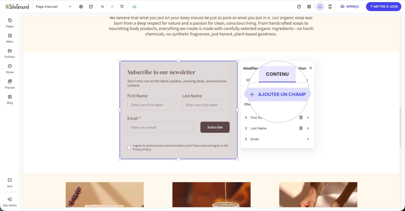 Fenêtre des paramètres de contenu d'un formulaire d'abonnement avec un bouton Ajouter un champ mis en évidence pour ajouter un champ personnalisé