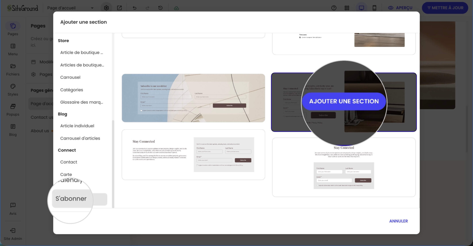 Fenêtre Ajouter une section avec une mise en page de section S'abonner sélectionnée pour ajouter un formulaire d'abonnement pour l'Email Marketing