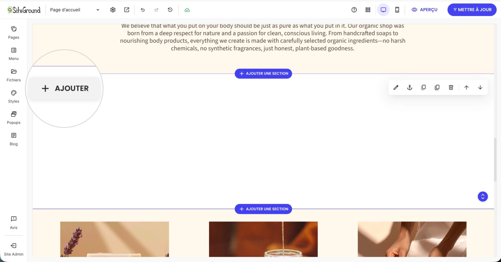 Une section dans une page du Website Builder avec un bouton Ajouter mis en évidence pour ajouter un composant