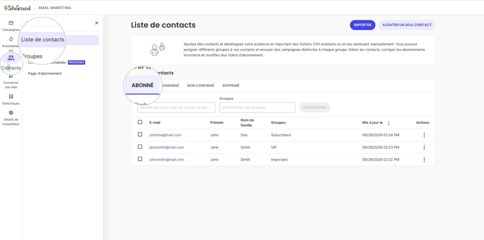 Capture d'écran du tableau de bord SiteGround Email Marketing montrant la section « Liste de contacts »