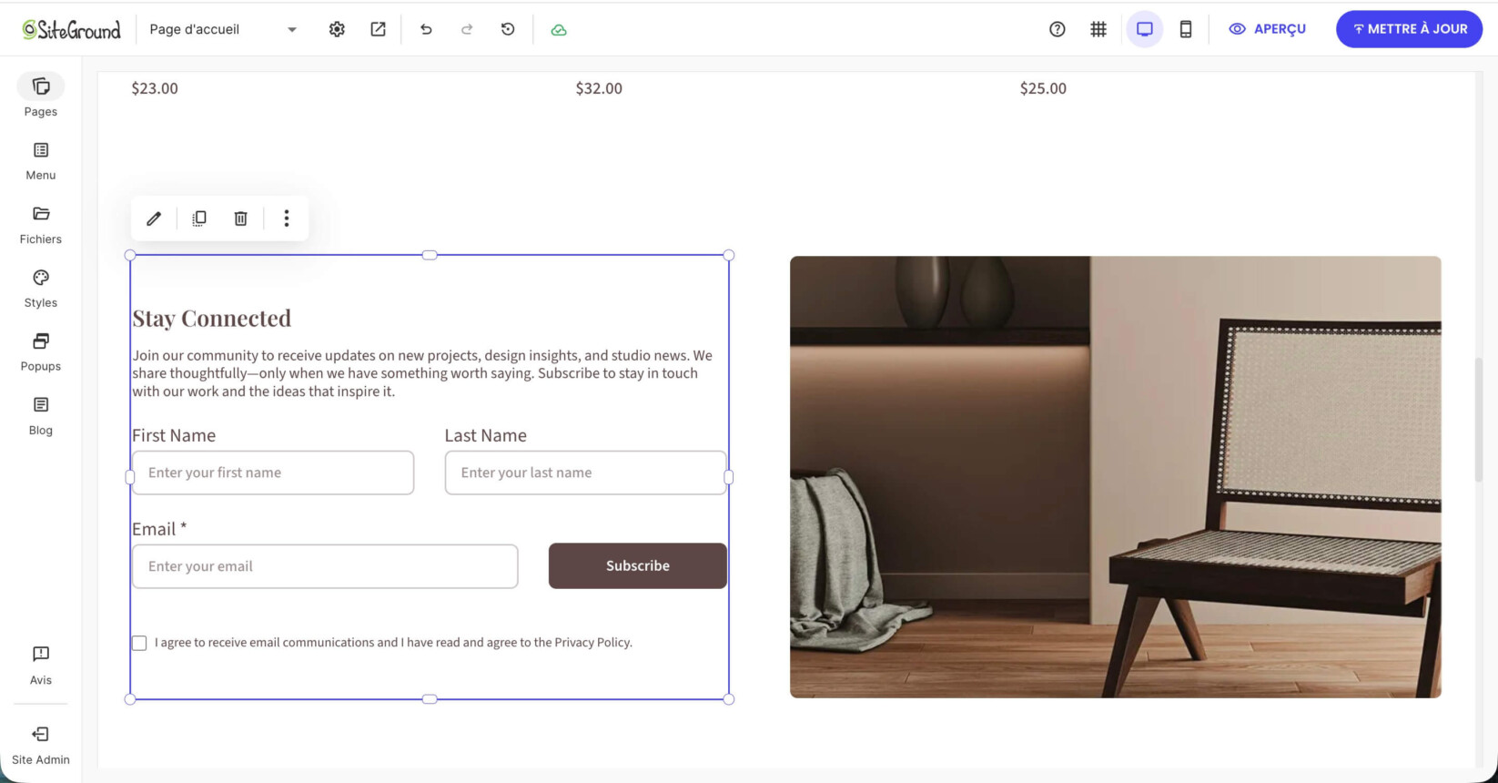 Formulaire d'abonnement sur une page dans le Website Builder