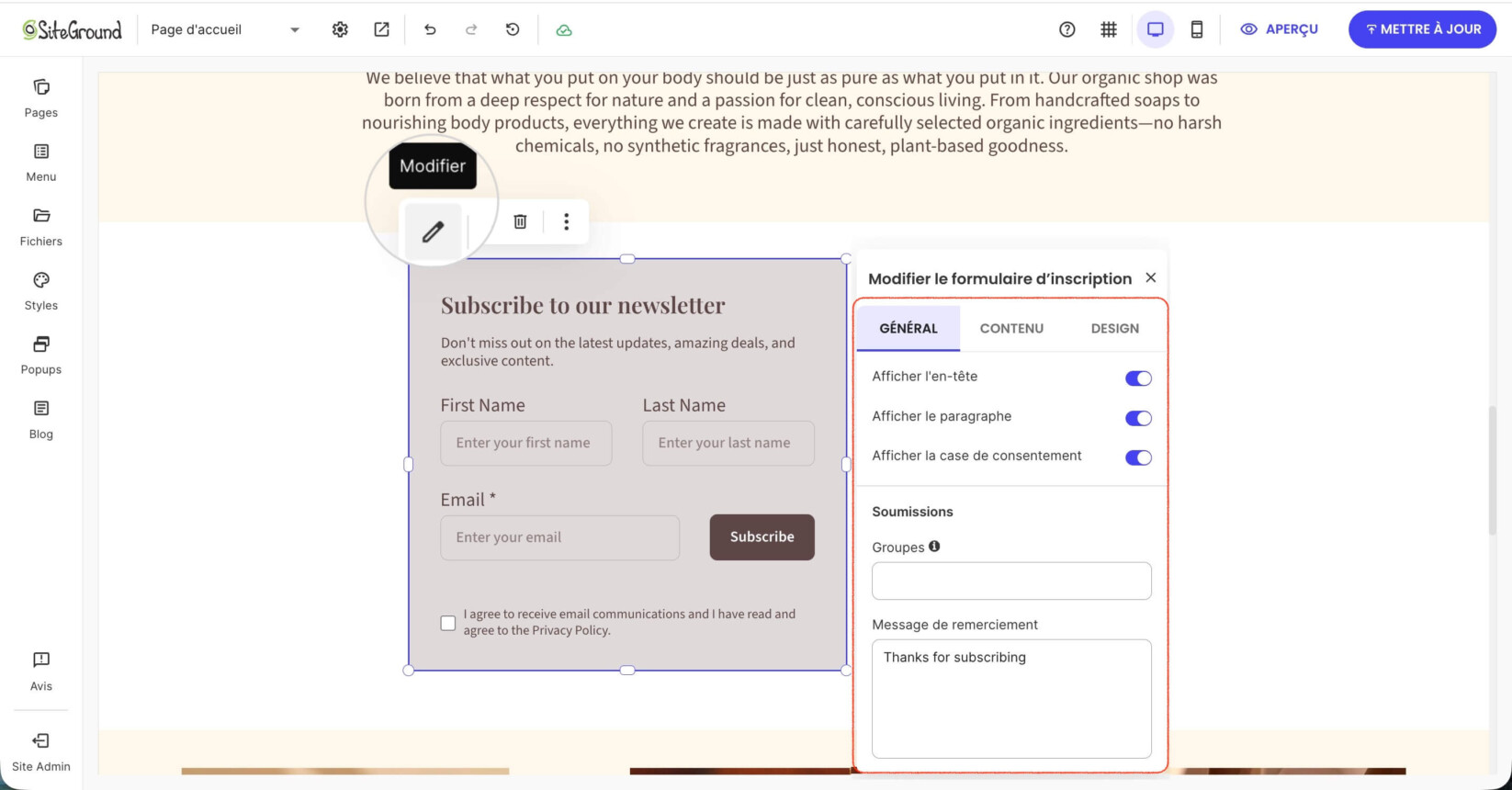 Un formulaire d'abonnement sur une page du Website Builder affichant les options des paramètres Généraux