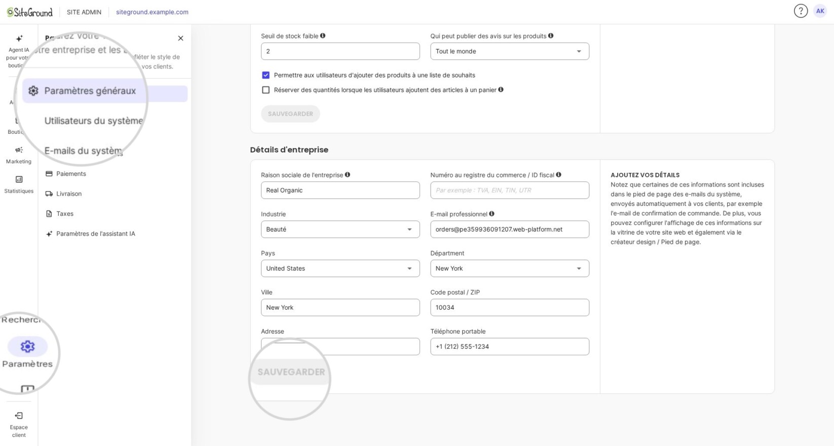 Section des détails de l’entreprise dans les paramètres de SiteGround Ecommerce