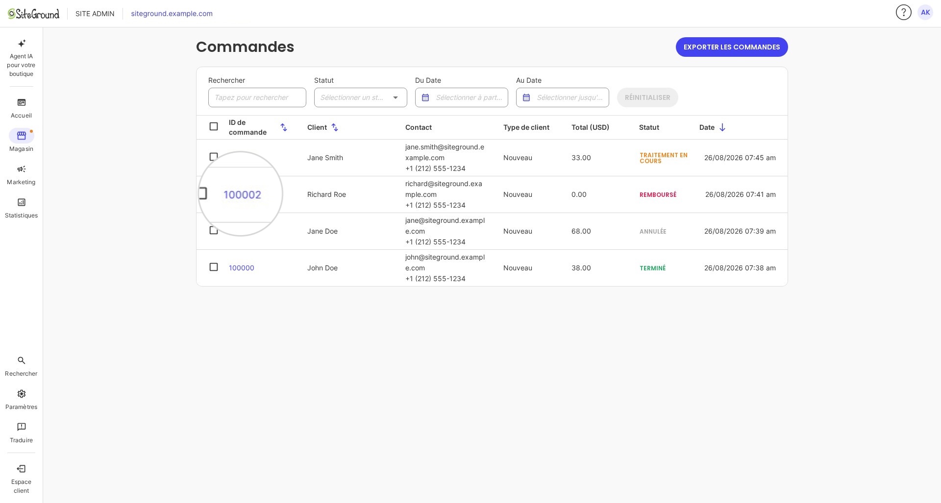 La liste des commandes avec les colonnes ID, client, contact, total, statut et date.