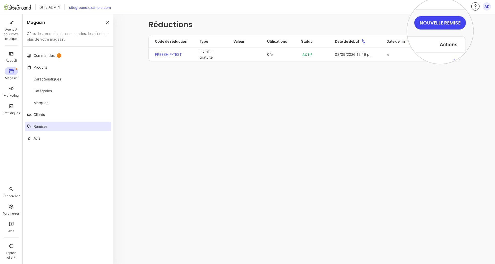 Site Admin avec le menu Boutique ouvert sur Remises ; la liste met en avant NOUVELLE REMISE en haut à droite.