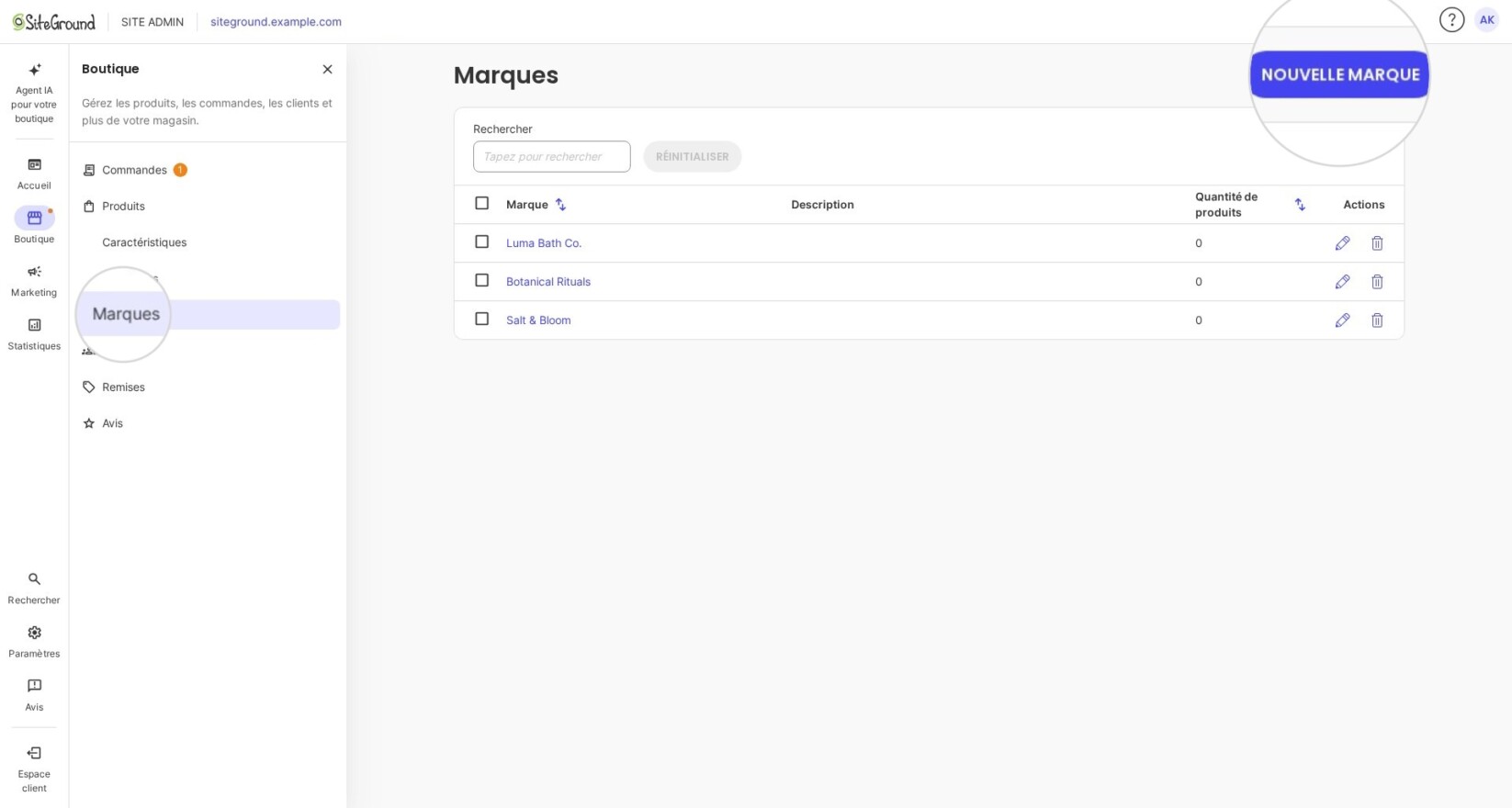 Bouton Nouvelle marque dans la section Marques de SiteGround Ecommerce