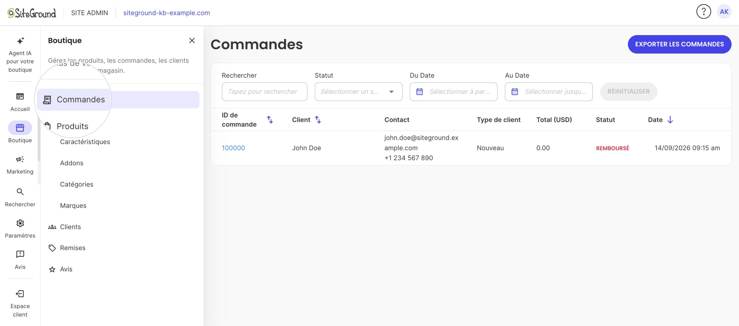 La page Commandes ouverte dans Site Admin, avec le menu Boutique affichant Commandes sélectionné.