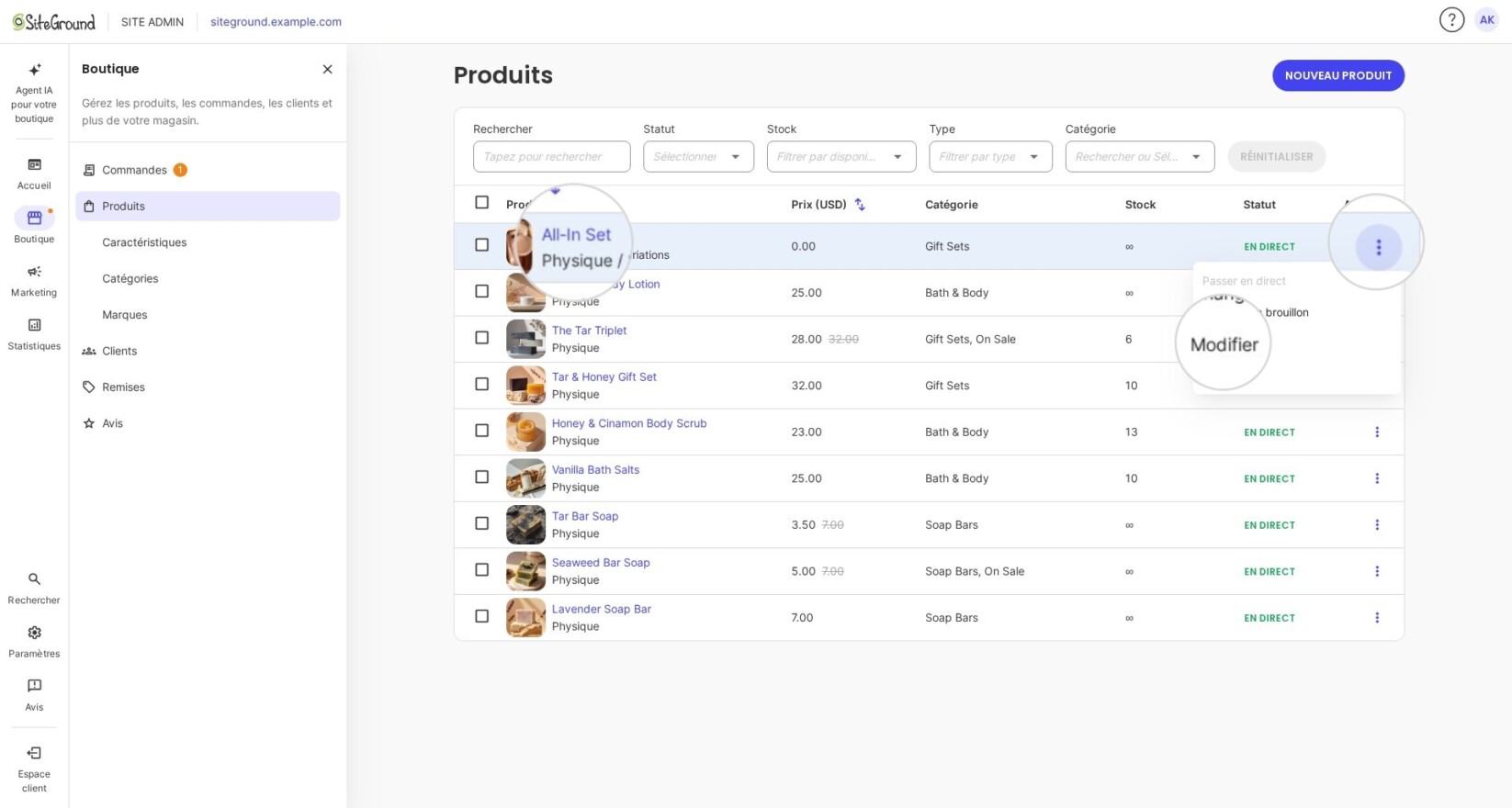 Modification d'un produit dans SiteGround Ecommerce