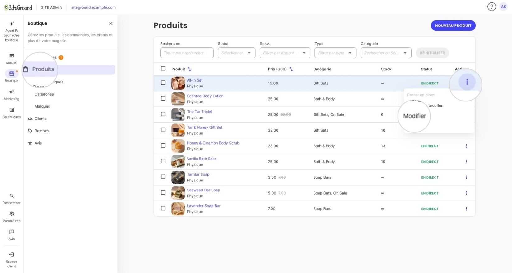 Modification d'un produit pour ajouter des images dans SiteGround Ecommerce