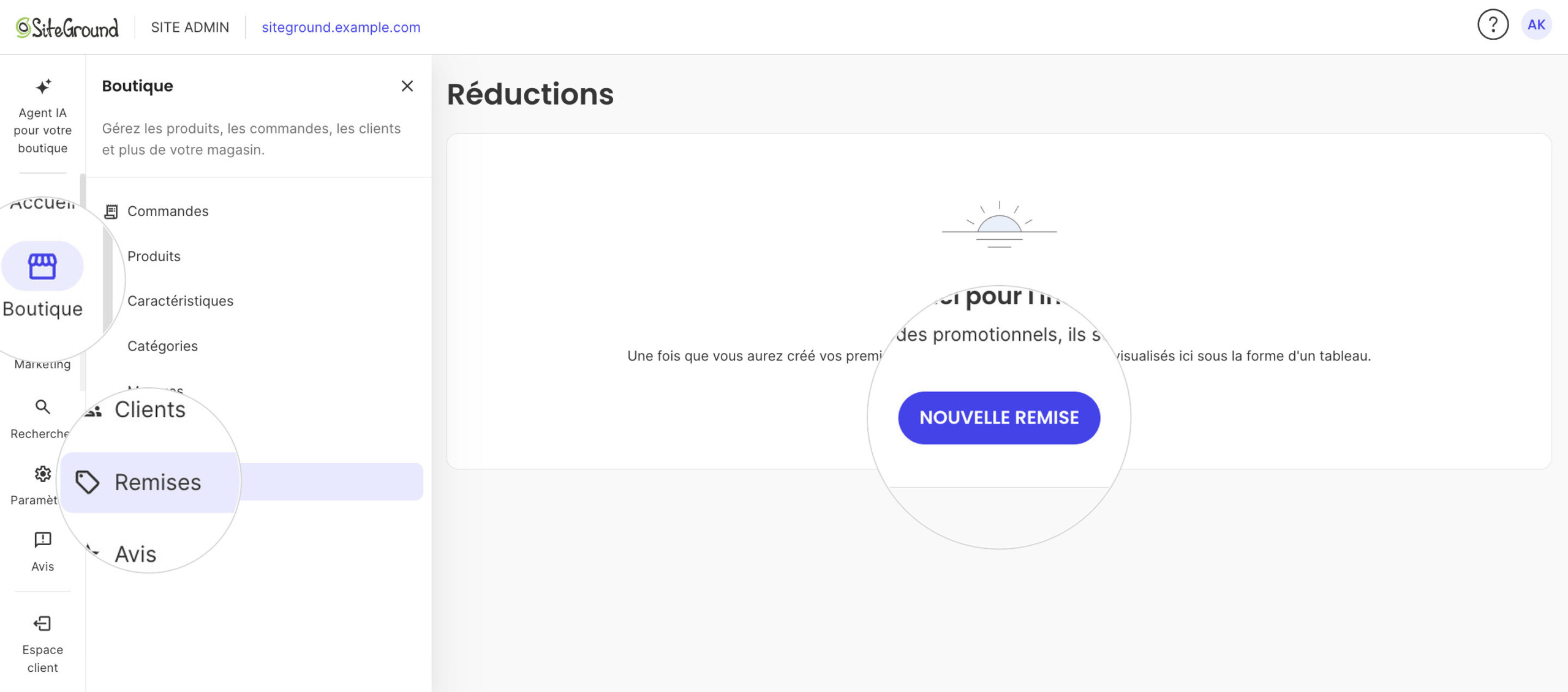 Site Admin avec le menu Boutique ouvert sur Remises et la page Réductions vide affichant le bouton NOUVELLE REMISE.