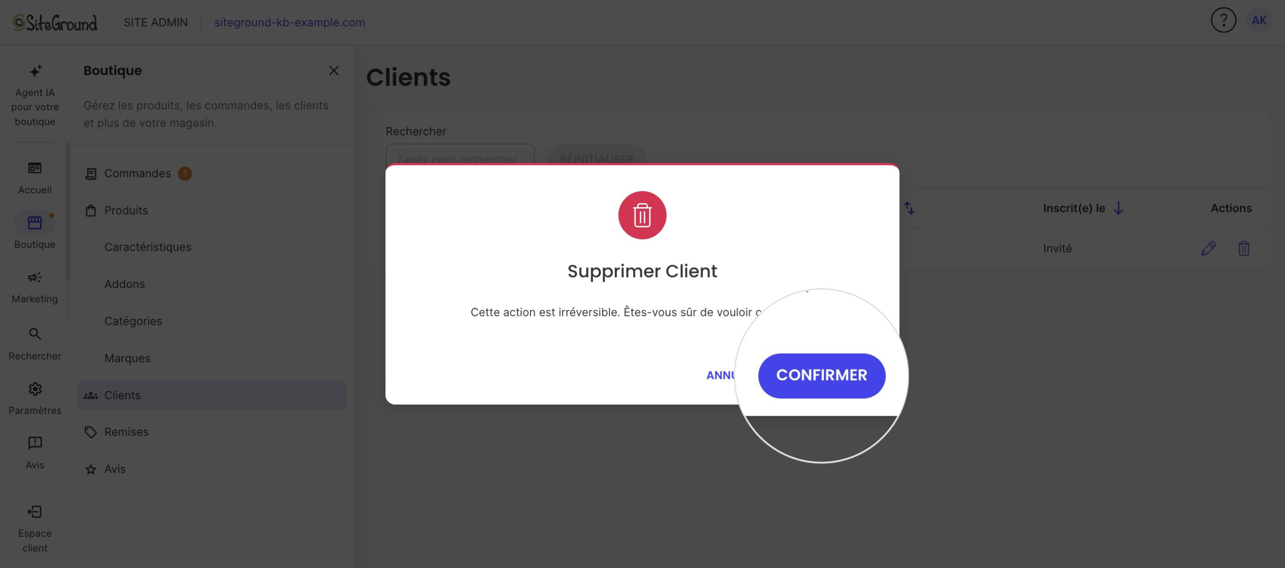 La boîte Supprimer Client avertit que l'action est irréversible, avec Annuler et Confirmer.