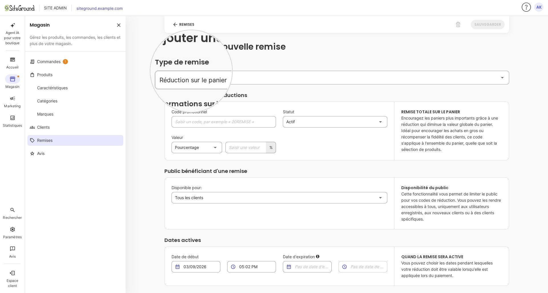 Le formulaire de nouvelle remise, avec la loupe sur Type de remise réglé sur Réduction sur le panier.