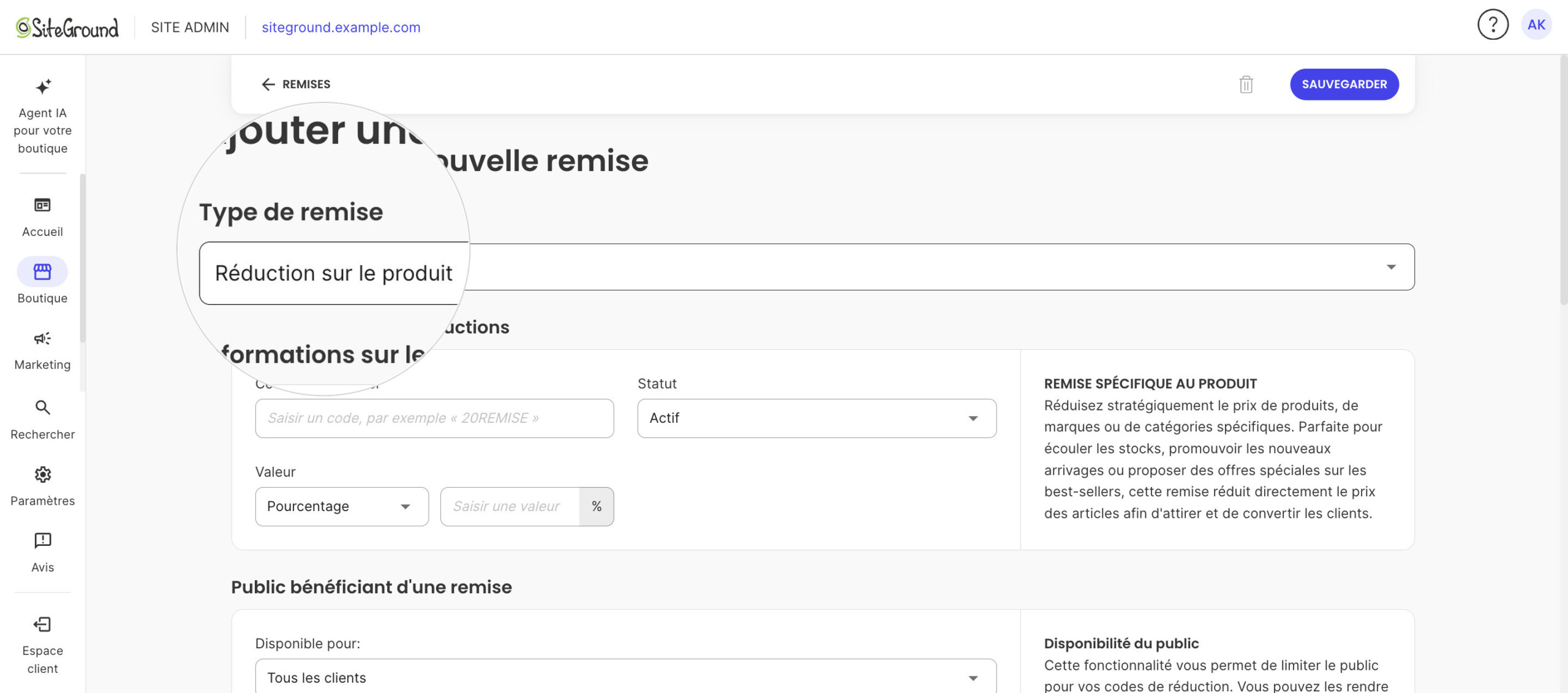 Le formulaire de nouvelle remise avec Type de remise sur Réduction sur le produit, au-dessus des Informations.