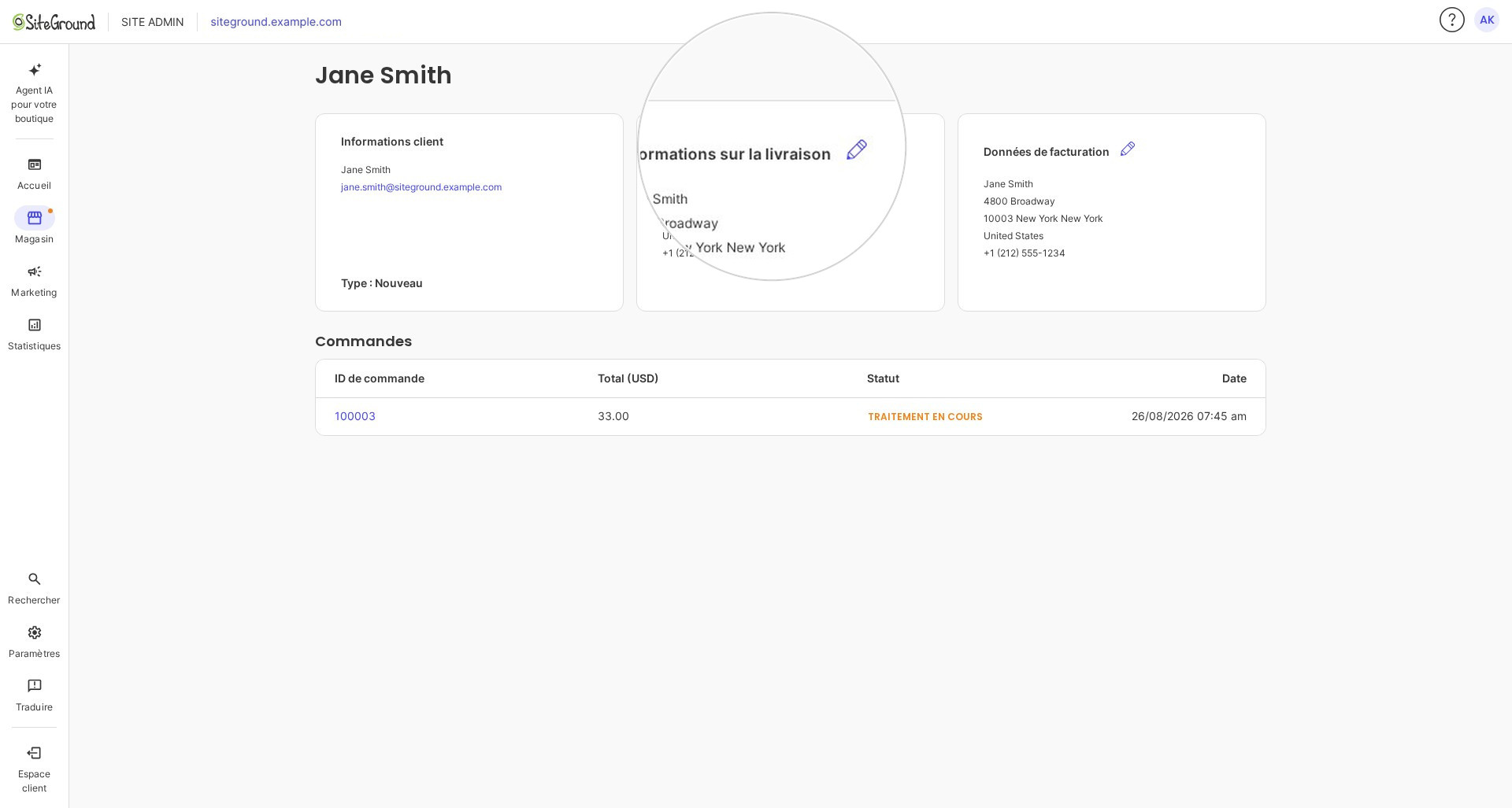 La page de détails du client avec les cartes Informations client, de livraison et de facturation.